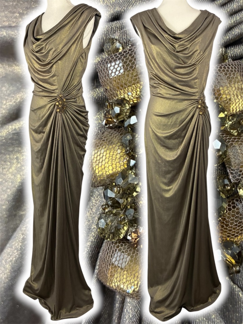 Tadashi Shoji Grecian Metallic Gown M Gold Jeweled Maxi Dress Draped Jersey VTG